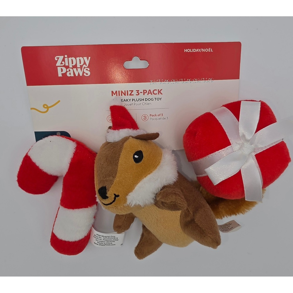 ZippyPaws Holiday Miniz 3-Pack Festive Friends Squeaky Plush Dog Toys ZPC097 NWT